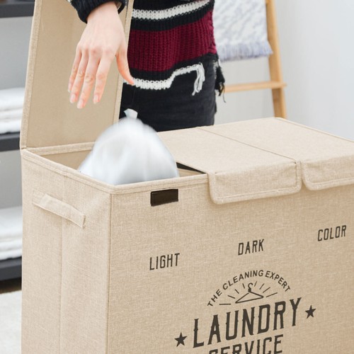 Wäschekorb 3 Fächer - 84L Wäschesammler Beige mit Deckel - Wäsche Organizer Bad - Bild 5 von 10
