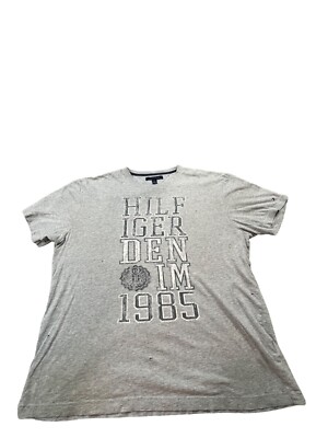 Tommy Hilfiger Denim 1985 Spell Out Shirt Mens XL Gray Made 9/11 Thrashed Preppy