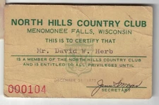 1975 Membership Card to North Hills Country Club Menomonee Falls WI #285