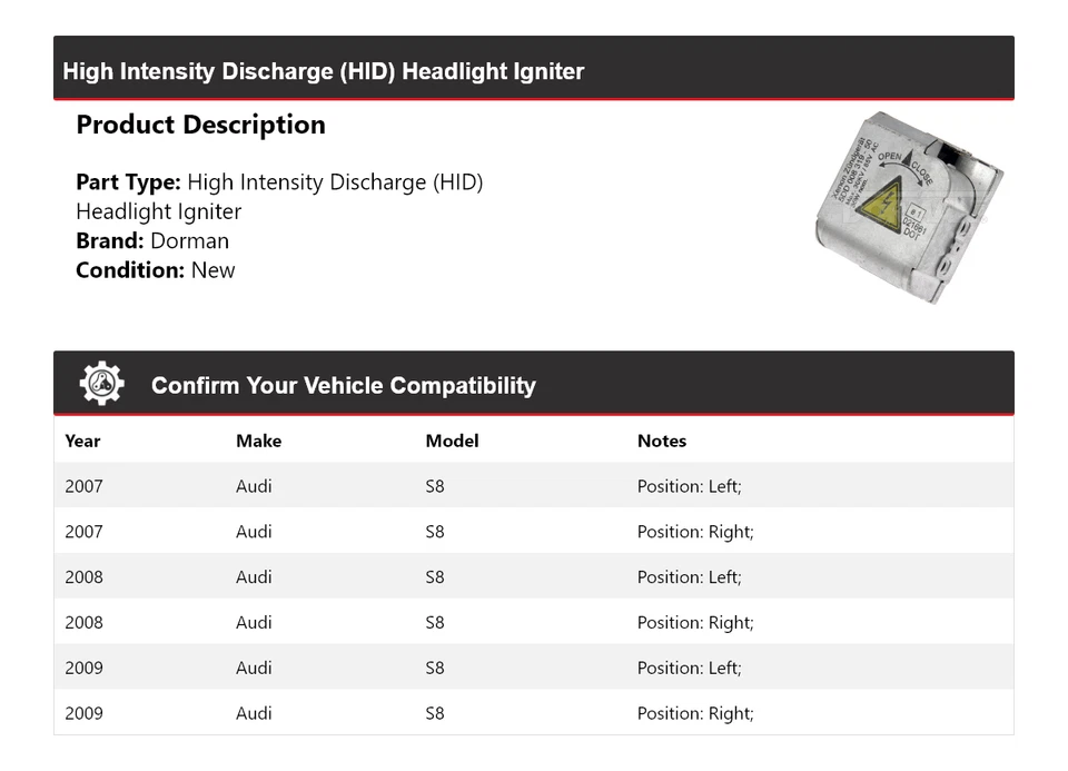 Encendedor de faros de descarga de alta intensidad (HID) para Audi S8 Dorman 2007-2009 Foto 2 de 4