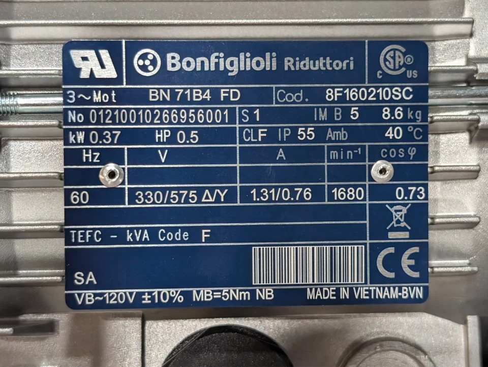 NEW BONFIGLIOLI 0.37kW 0.5hp 3PH brake MOTOR Voltage 330/575V 60Hz IP55 - Image 2 of 4