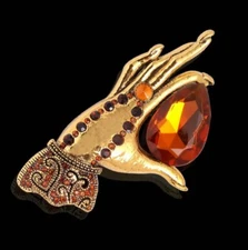 Renaissance Revival Victorian Hand "Gemstone"  Rhinestone Brooch 3.25"