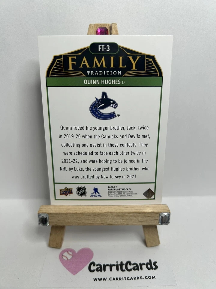 QUINN HUGHES 2022 Upper Deck Parkhurst Family Traditions #FT-3 Vancouver Canucks - Image 4 of 4