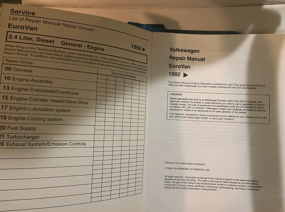 VW Eurovan Repair Manual - 2.4 Liter Diesel, General Engine 1992 - Image 2 of 2
