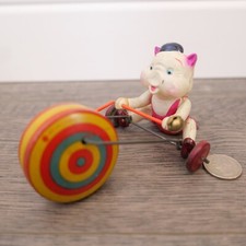 Vintage Celluloid Tin Toy Wind UP Pig Figure w/ Bell SYY Japan Toys Pat. 207646