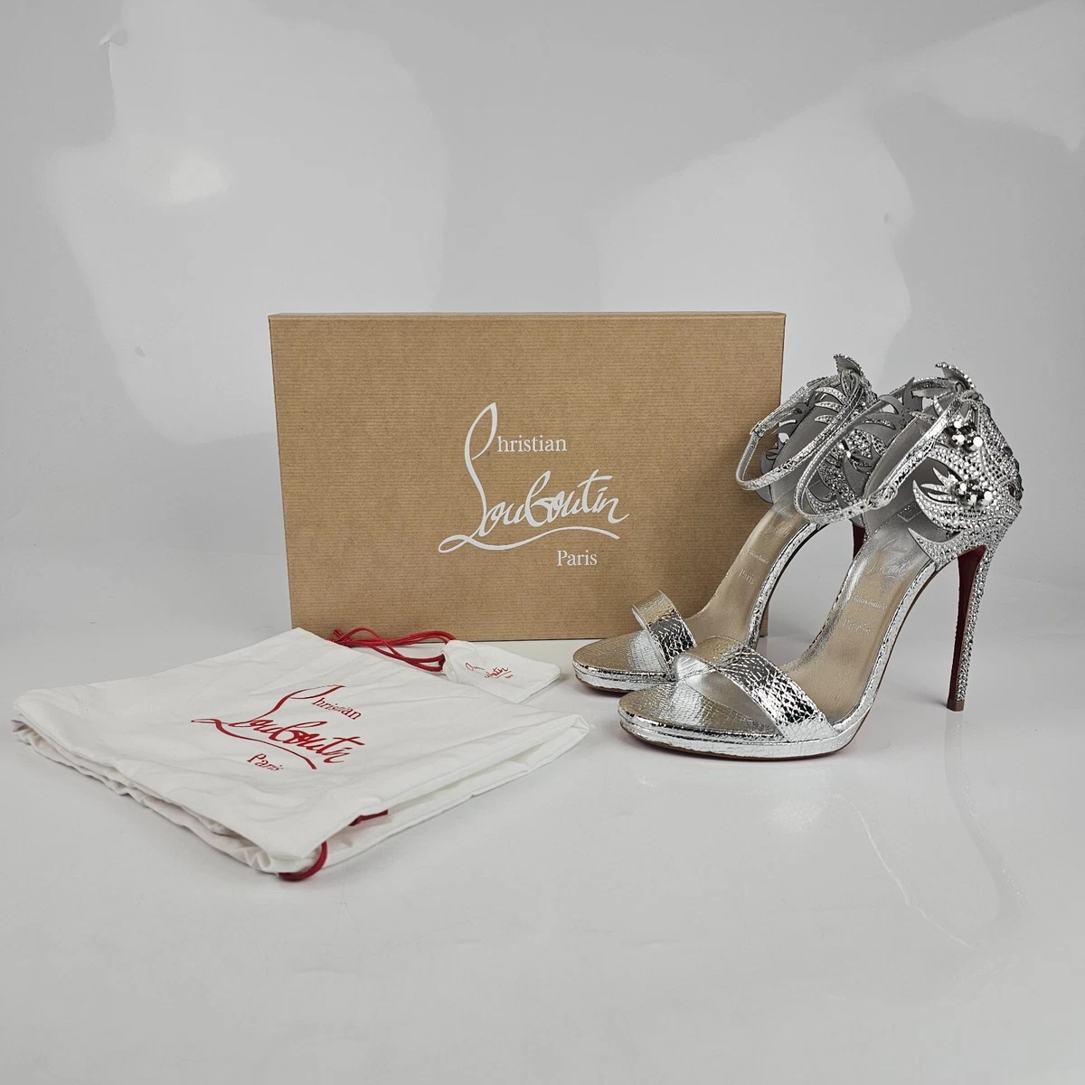 Christian Louboutin Loubi Vega Silver 120mm Crystal Heeled Sandals New