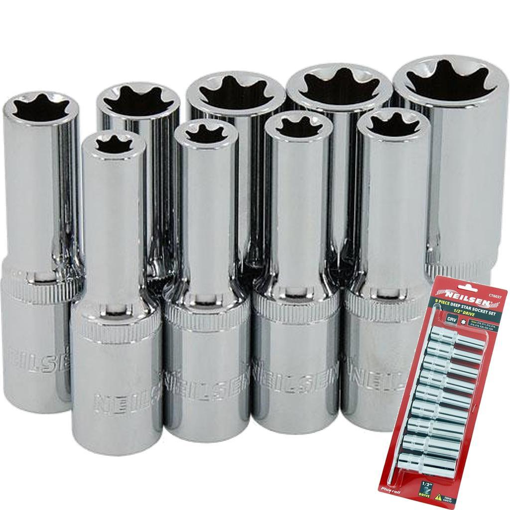 Neilsen Deep Star Profile Sockets E10 - E24 Socket Set 9pc 1/2" Socket Rail