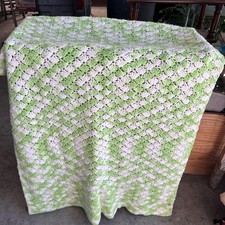Vintage Throw Hand Made Crochet Afgan Blanket Green and White 30? X 45?