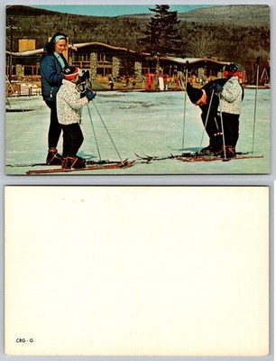 Vintage Ski Lodge Postcard, Family Skiing, Mountain Resort, 1960s Winter Sports
