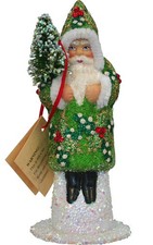 Schaller Paper Mache Candy Container - Santa Green Beaded - 6.25"H x 2.5"W x 2.5