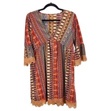 Shein Bohemian Dress Orange Multicolor Lace Trim Bell Sleeve Womens Small V Neck