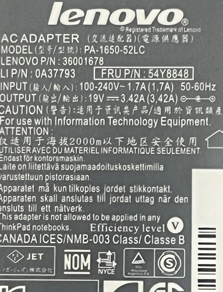 CARGADOR ADAPTADOR DE CORRIENTE ORIGINAL LENOVO 19V 3.42 PA-1650-52LC ¡CABLE DE ALIMENTACIÓN GRATUITO! Foto 4 de 4