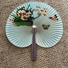 Vintage Metal  Paper Hand Fan Fold Up 1950-1960 China Floral