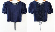 FOREVER 21 Women's Navy Blue Lace Sheer Corset Back Crop Top Cottagecore Small