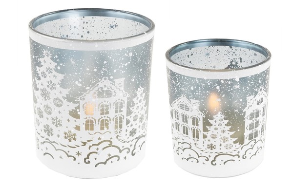 Windlicht Teelichtglas Schneedorf, Weiss H:8 Cm - Tischdeko Advent Weihnachten-image