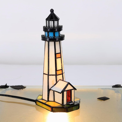 Small Tiffany Lighthouse White Stained Glass Mini Desk Lamp | Accent Night Light