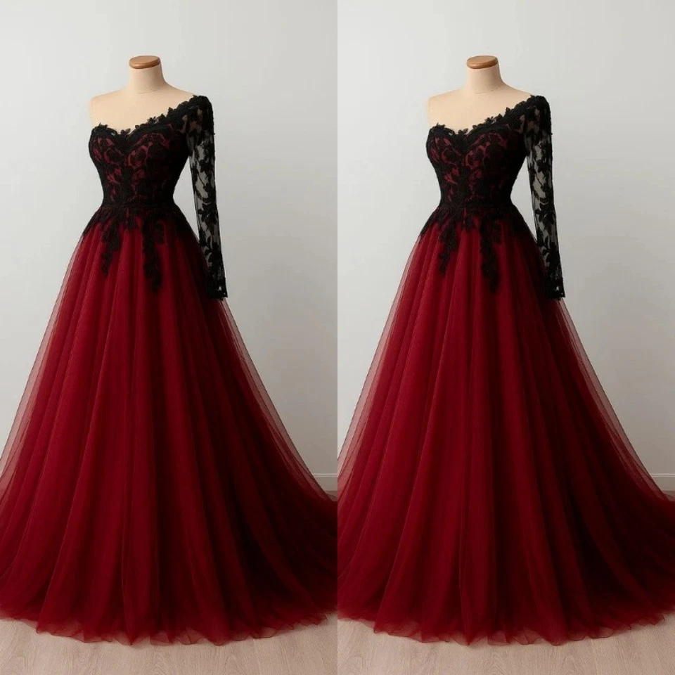 Vestidos de noiva góticos pretos vermelhos com mangas compridas decote V linha A vestidos de noiva - Imagem 3 de 4