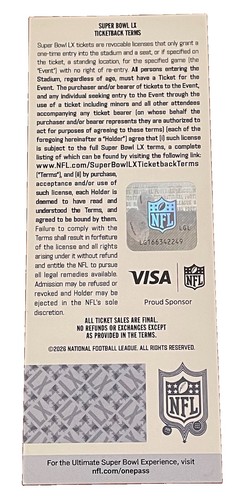2026 Seahawks vs Patriots Super Bowl LX Official Licensed Replica Ticket Stub - Afbeelding 2 van 2
