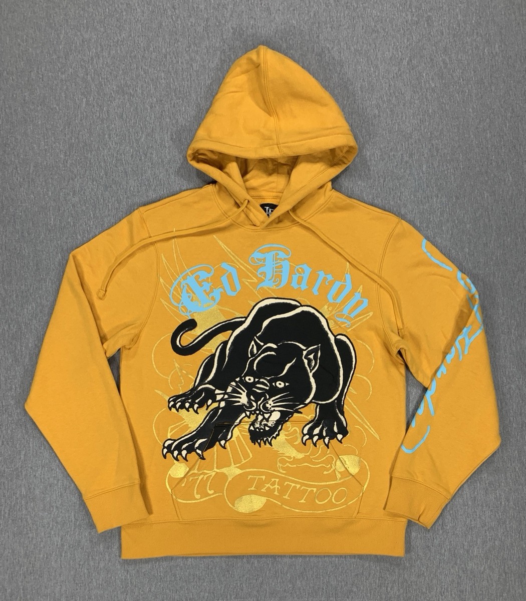 Ed Hardy Yellow Hoodie Black Panther Pullover Sweatshirt Men's