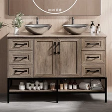 48" Large Bathroom Vanity With Double Sink Cabinet Glass Basin No Mirror Faucet