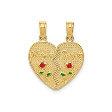 14k Yellow Gold Heart Pendant Mother Daughter Split Enamel Rose Necklace Women