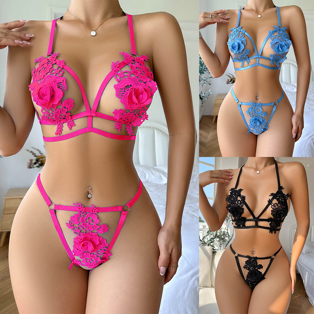 Lace Bra Thong Set Women Sexy Lingerie Floral Nightwear Babydoll Underwear Set