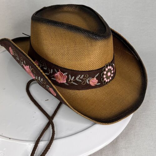 Western Cowgirl Straw Retro Embroidery Summer Cowboy Beach Sun Hat Women’s 22”