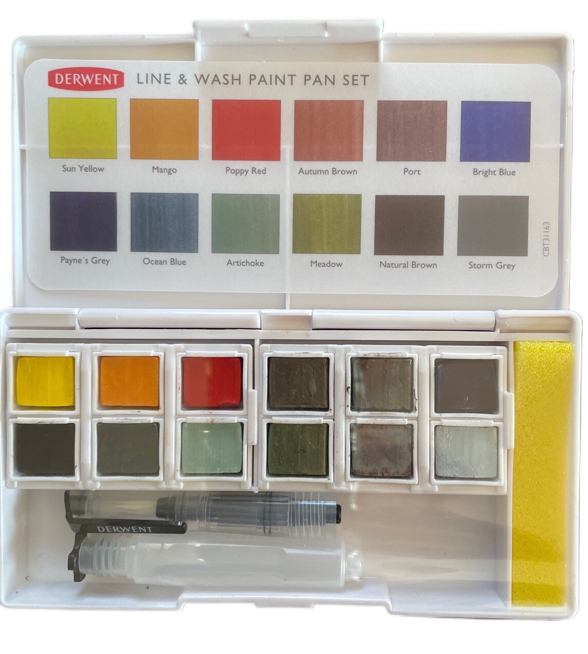 Derwent Line and Wash Paint Pan Set 12 Half Pans Line Markers Waterbrush
