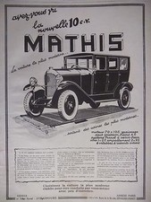 PUBLICITÉ DE PRESSE 1925 VOITURE MATHIS NOUVELLE 10 CV - ADVERTISING