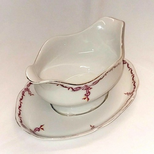 Vintage KPM Germany Porcelain Gravy Boat w/ Attached Underplate Red Gold Trim - Picture 10 of 11