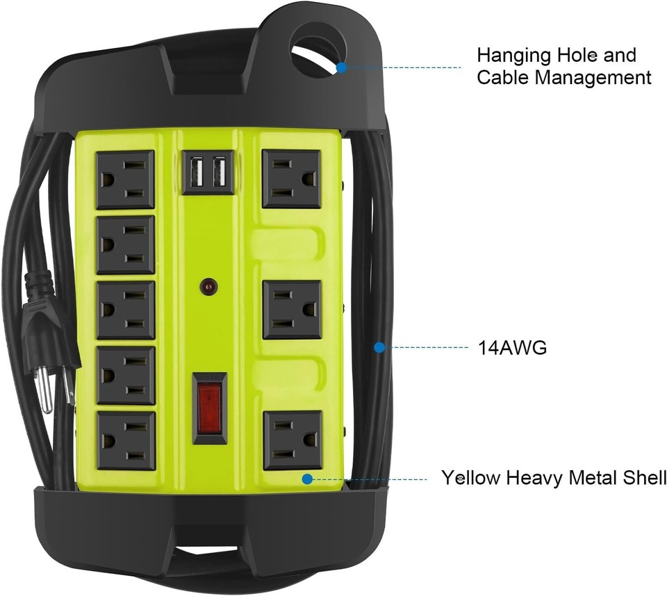 8Outlet Heavy Duty Power Strip with USB, Wall Mountable Ideal for