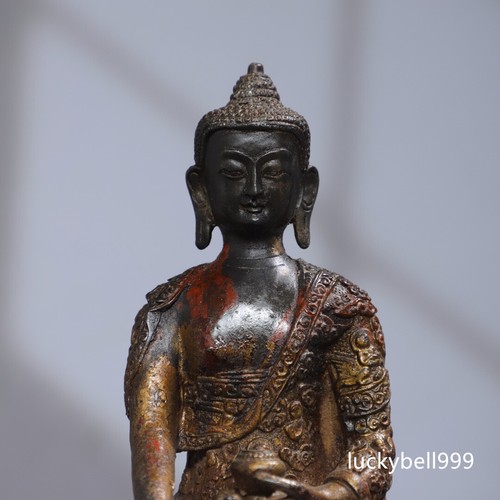 Antica statua Buddha Amitabha 8,7" tempio buddismo tibetano bronzo dorato - Foto 2 di 9