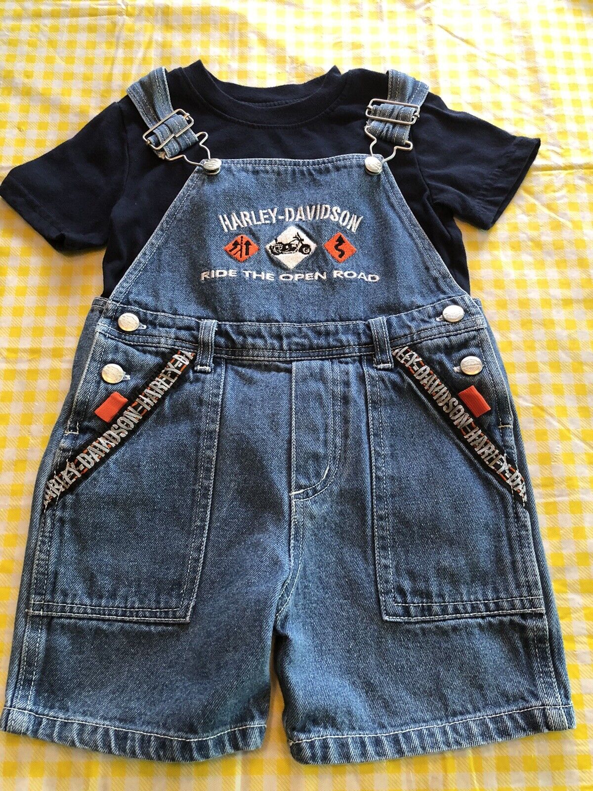 Harley Davidson Bib Overalls Child Toddler Embroidered Pockets Logo Denim  Sz 2T