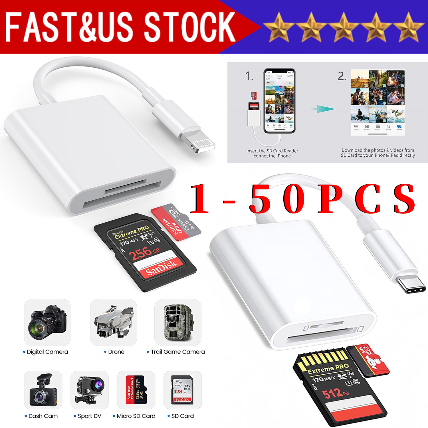 TF/SD Card Adapter Camera Reader for iPad iPhone6 7 8 Plus 13 14 15 Pro X Xs Lot