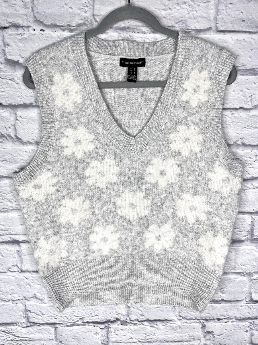 STREETWEAR SOCIETY Women's Gray Large Flower Sweater Vest