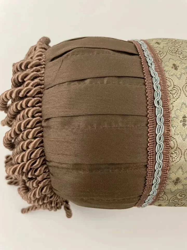 JC Penney Home Bolster PILLOW Old World Chocolate Brown Damask Fringed - Image 3 of 4