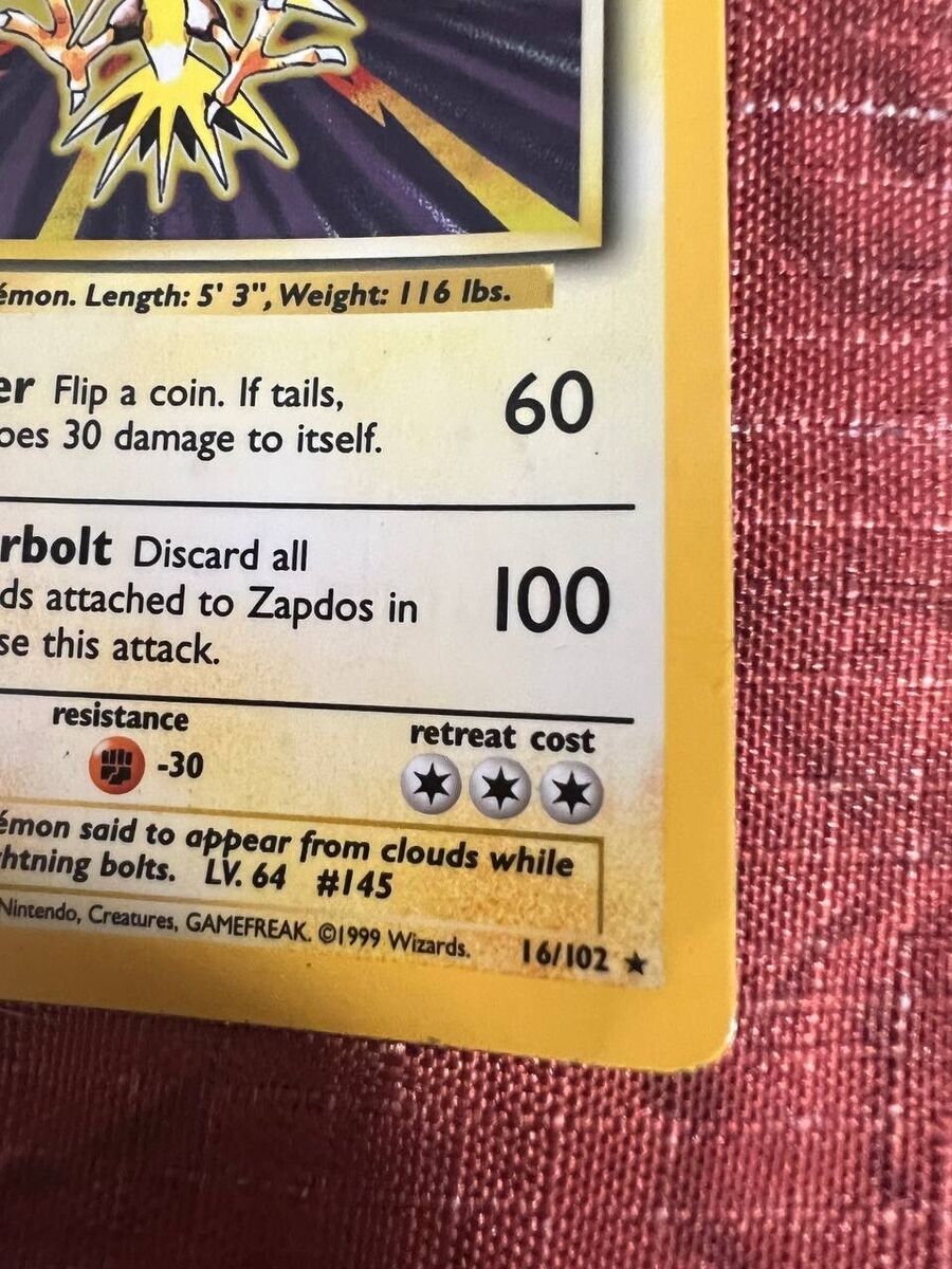 Authentic Vintage POKEMON CARD ZAPDOS HOLO Rare Base Set 16 Authentic Vintage POKEMON CARD ZAPDOS HOLO Rare Base Set 16