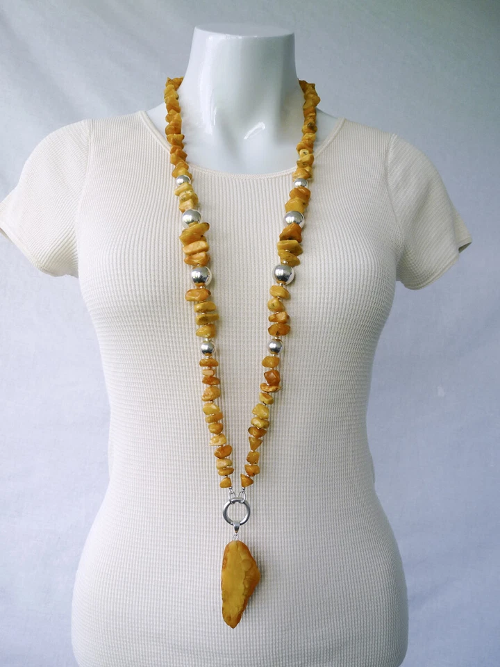 Collar colgante ámbar báltico yema de huevo extra largo S925 cuentas de plata de ley Foto 2 de 4