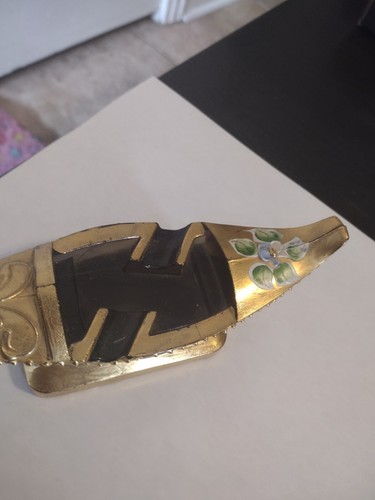 Rare Vintage Pressed Brown Glass Gondola Boat Design Ashtray w/Gold & Flower - Picture 2 of 6