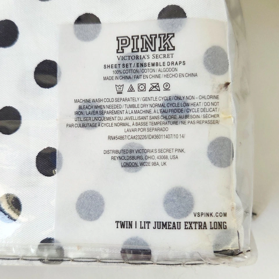 VICTORIA'S SECRET BLANCO NEGRO LUNARES DOBLE JUEGO DE SÁBANAS EXTRA LARGAS RARO NUEVO EN PAQUETE Foto 2 de 2