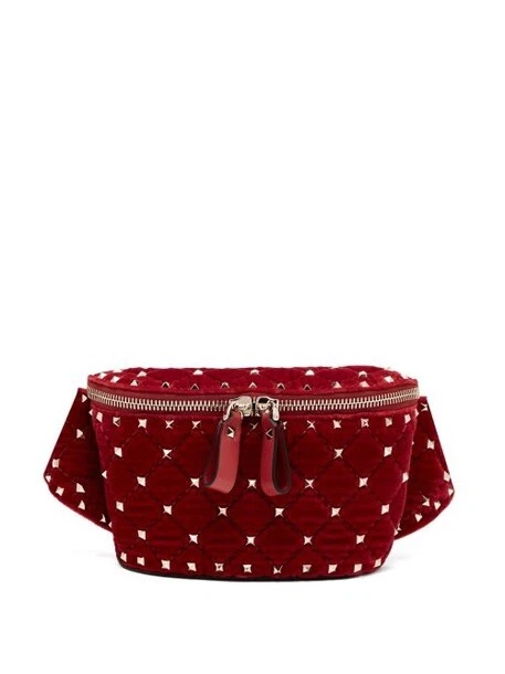 Authentic Valentino Garavani Rockstud Spike Belt Bag, Quilted Velvet-Red