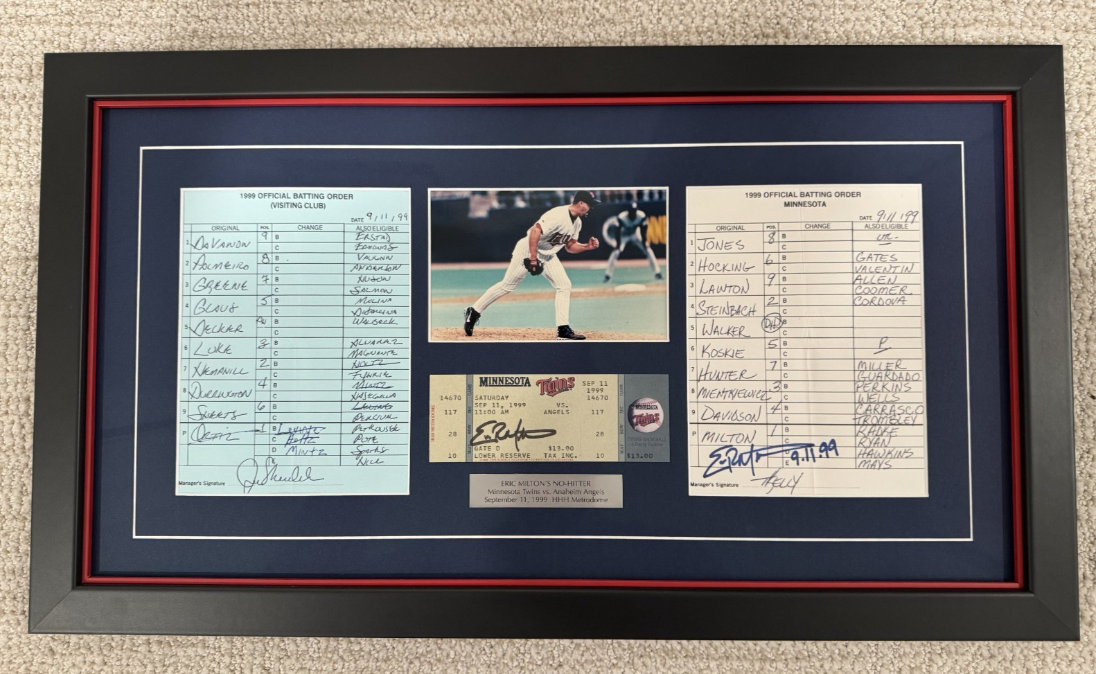 Eric Milton Game Used No-Hitter Lineup Card Display 9/11/1999 Twins Angels Auto