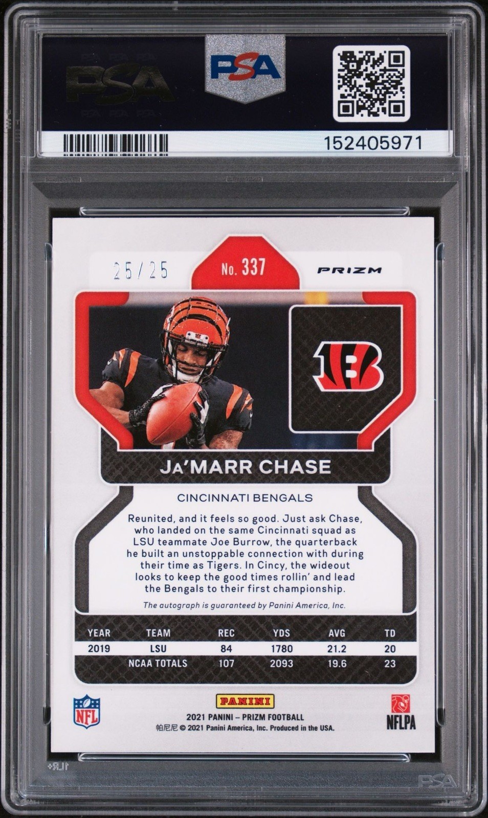 2021 Panini Prizm Camo Ja’marr Chase Rookie Auto /25 PSA Authentic AUTO 10  view 2
