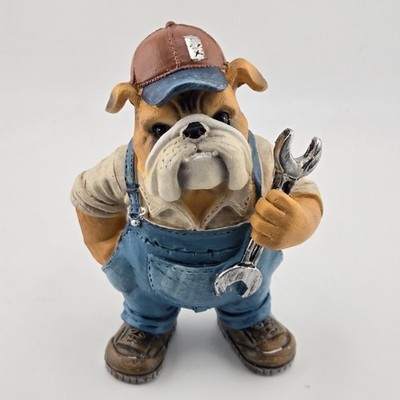 Resin English Bulldog Mechanic Figurine Wrench Blue Overalls Cap Dog Statue 5''