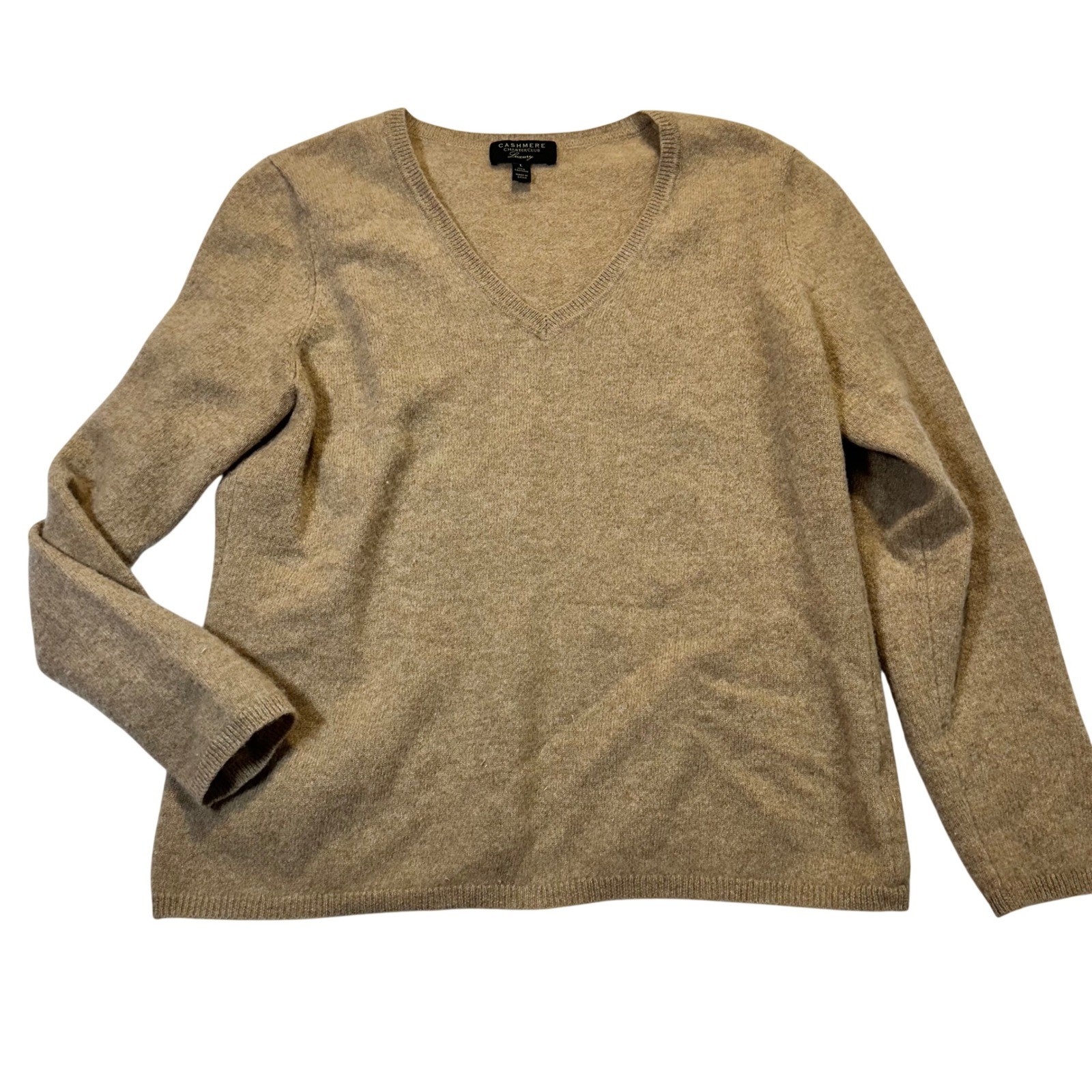 Charter Club Cashmere Sweater Women Large Tan V-Neck Quiet Luxury Minimalist
