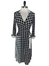 JONES NEW YORK Size 8 Wrap Dress Black Ivory Geometric 3/4 Sleeve Stretch Knit