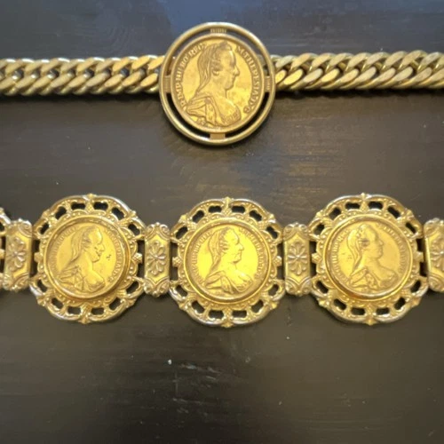 Miriam Haskell Vintage Signed Coin Link Gold Tone Brass Bracelet and choker lot