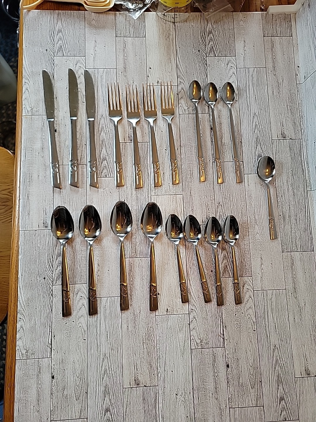 19 Pc Stainless Japan Bamboo Leaves Iced Tea Spoons Forks Knives Flatware Set 