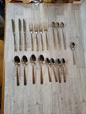 19 Pc Stainless Japan Bamboo Leaves Iced Tea Spoons Forks Knives Flatware Set 