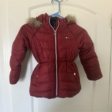 Tommy Hilfiger Girls Red Hooded Puffer Jacket Fur Trim Zip Mid-Length Size S